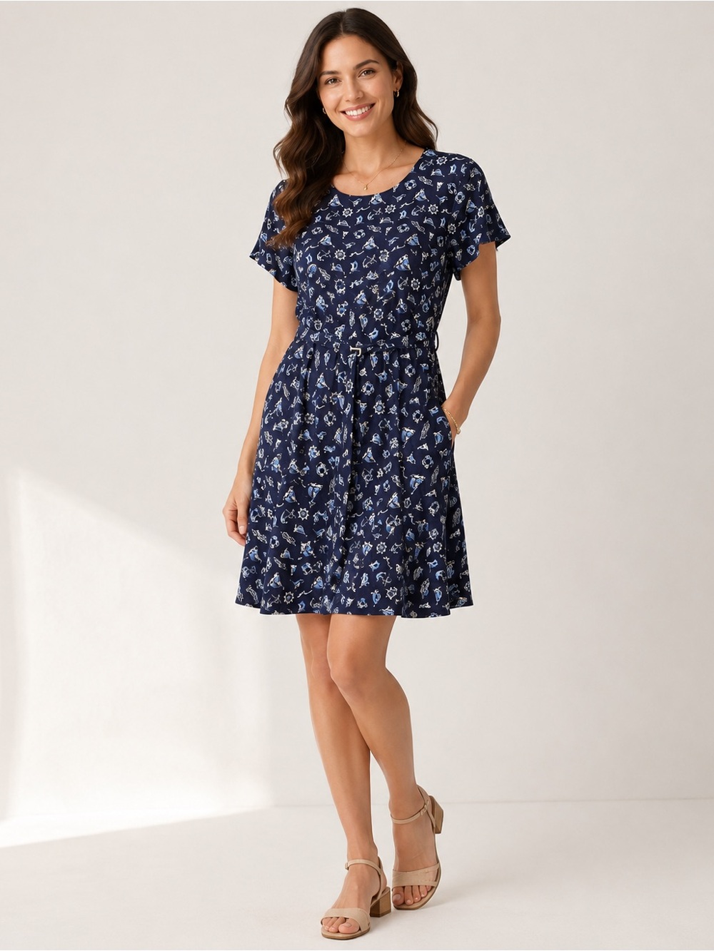 Polo Ralph Lauren Navy Nautical Print Crepe Open Back Belted Mini Dress Size 10
